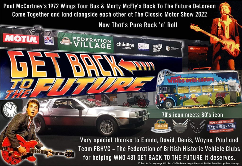 Paul McCartney's 1972 Wings Tour Bus and Marty McFly's Back To The Future DeLorean Come Together and land alongside each other at The Classic Motor Show 2022.